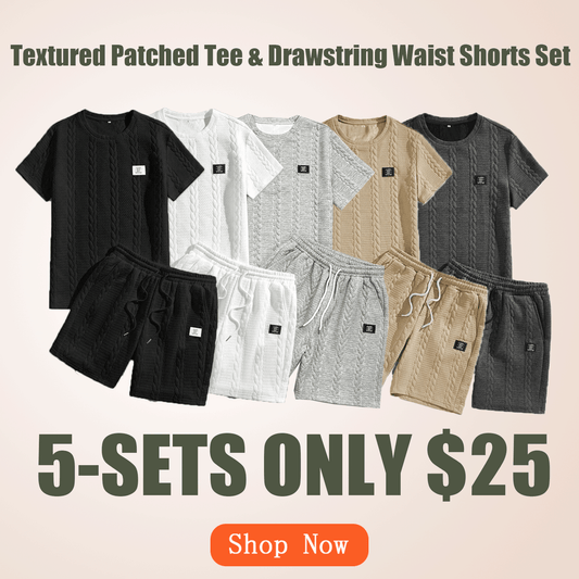Men's Solid Textured Patched Tee & Drawstring Waist Shorts Set