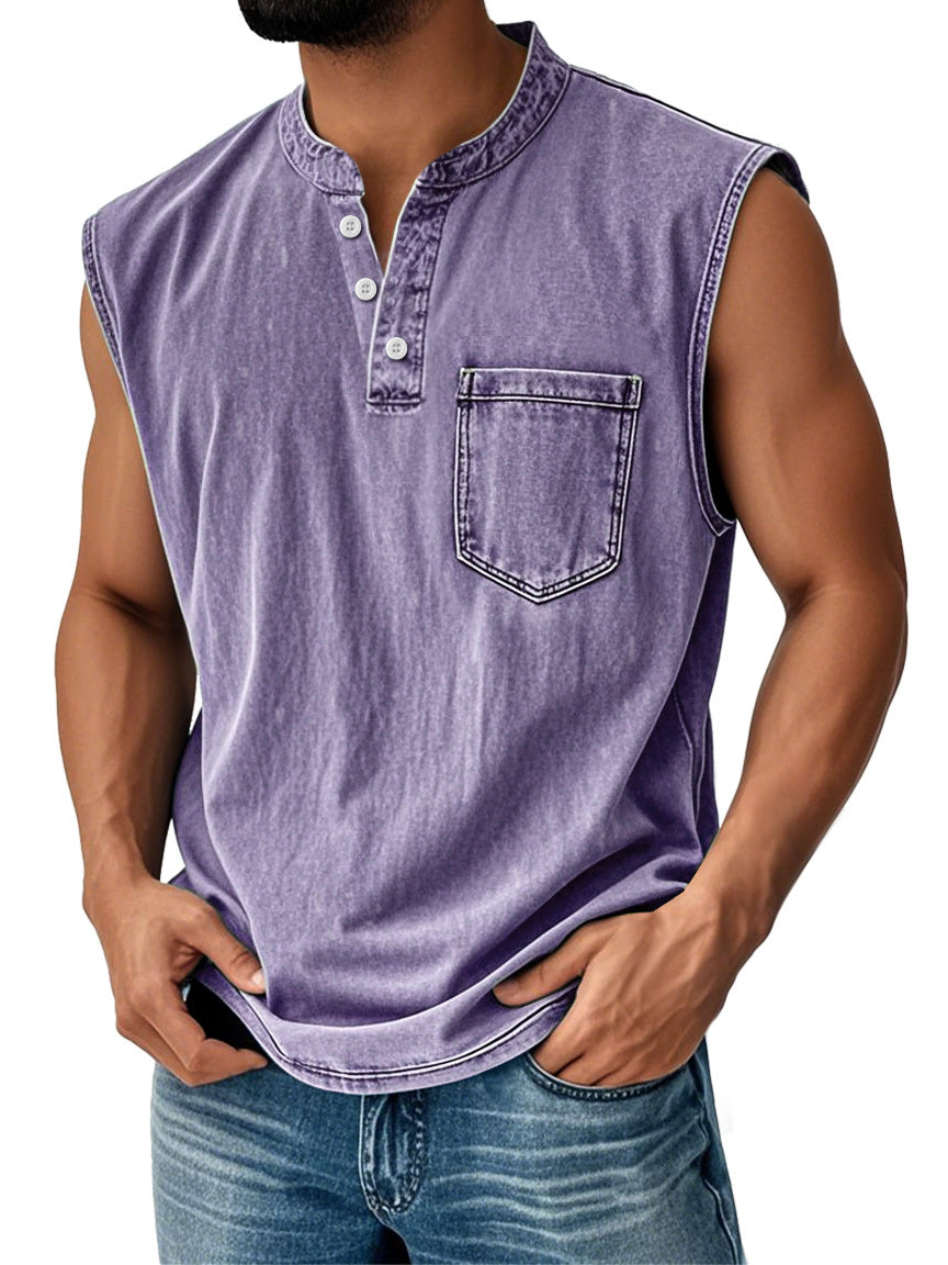 🔥Men's Vintage Stand Collar Casual Pocket Solid Color Sleeveless Henley Vest
