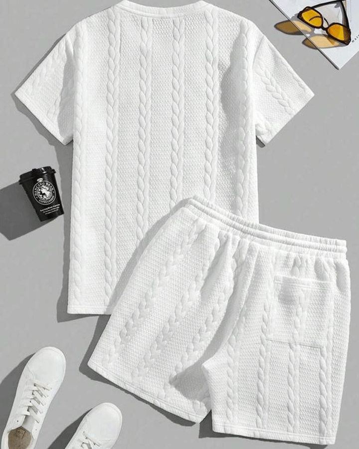 Men's Solid Textured Patched Tee & Drawstring Waist Shorts Set