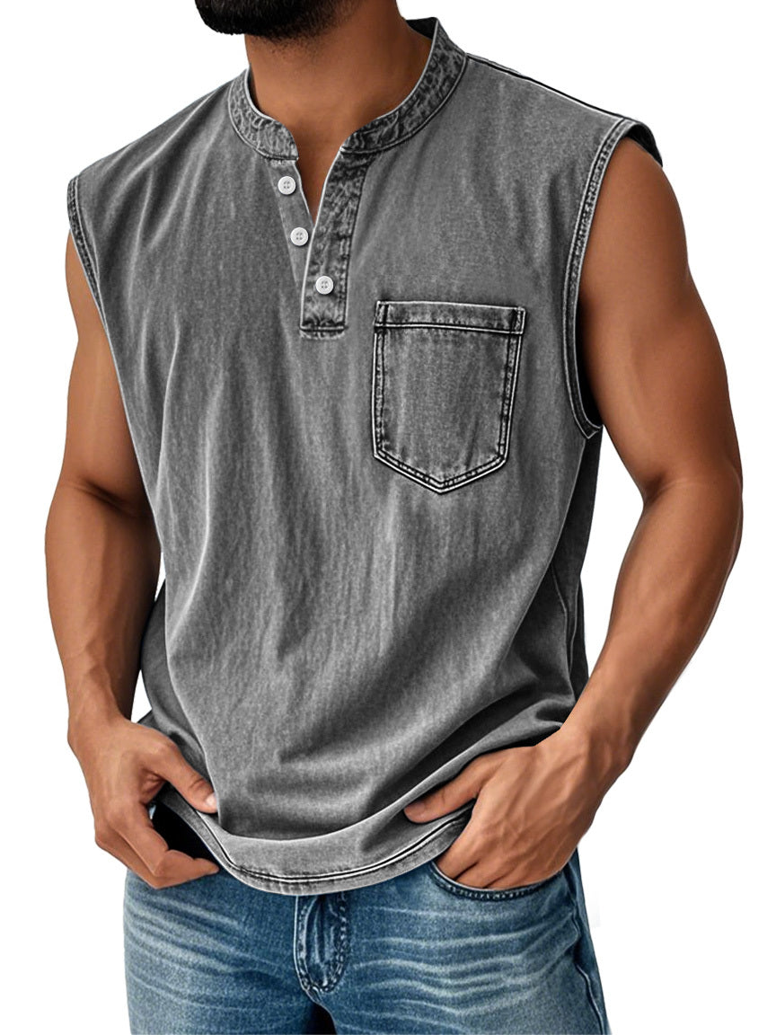 🔥Men's Vintage Stand Collar Casual Pocket Solid Color Sleeveless Henley Vest