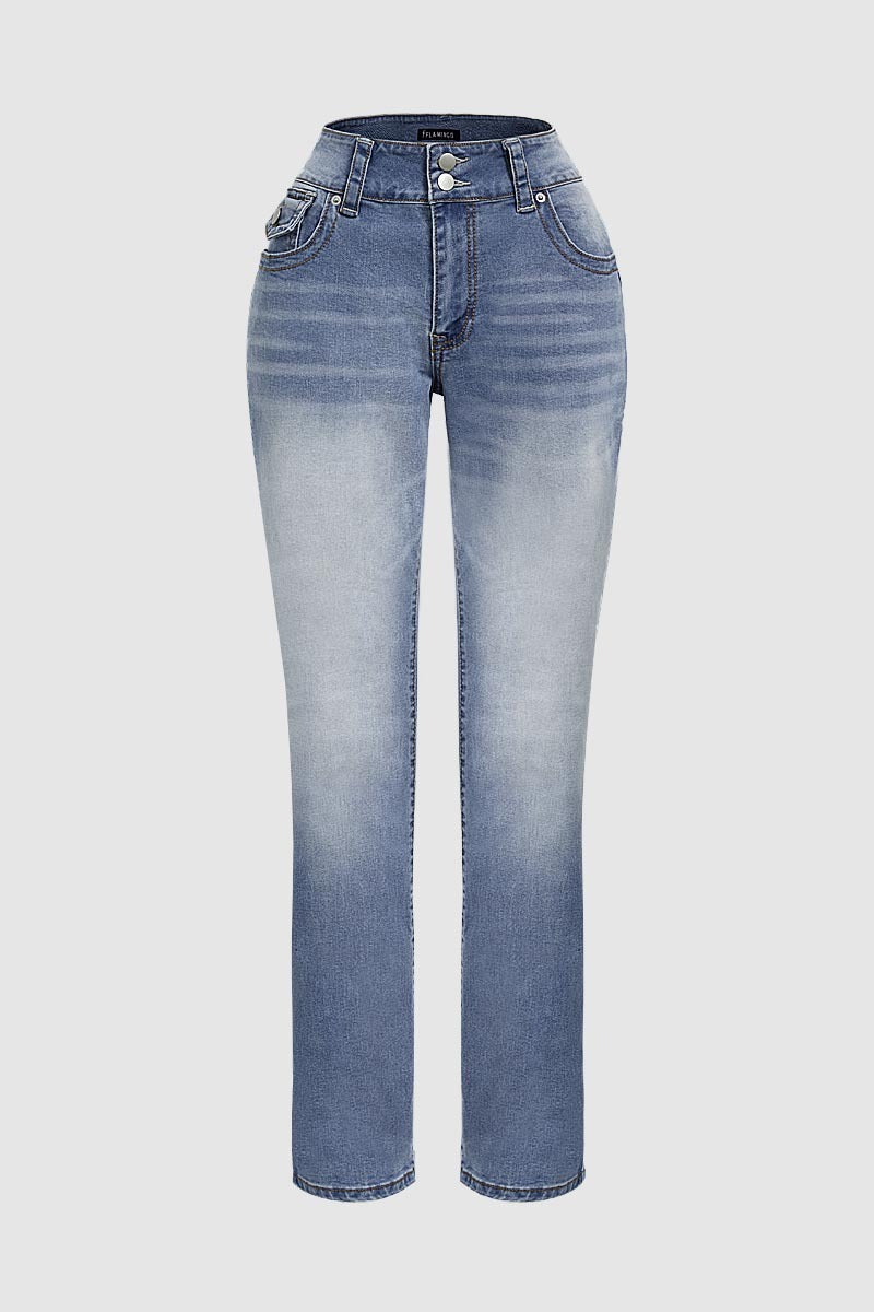 Double Button Mid Waist Straight Leg Jeans