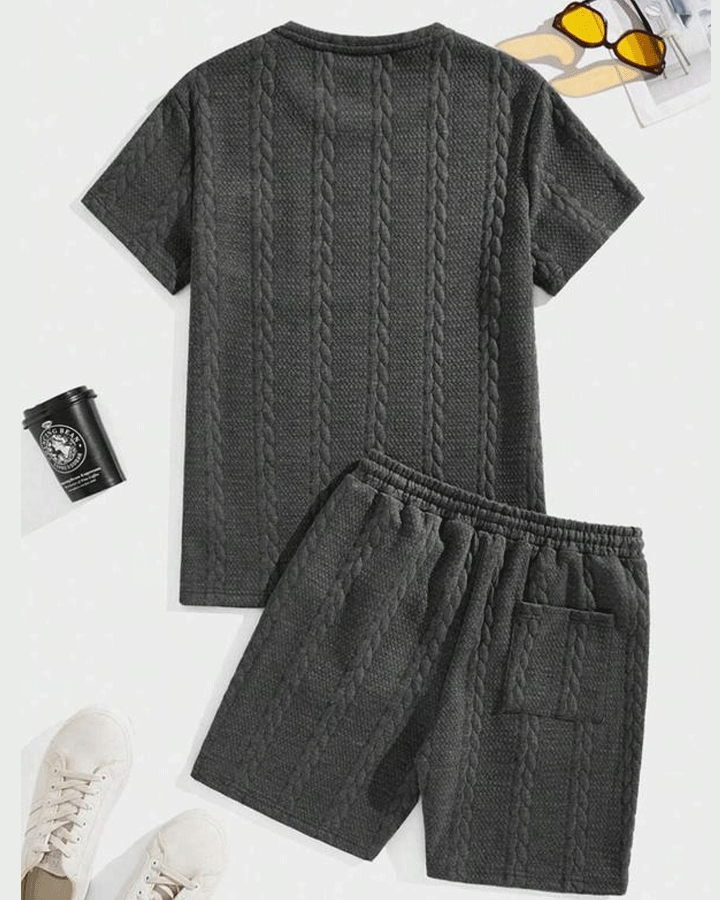 Men's Solid Textured Patched Tee & Drawstring Waist Shorts Set