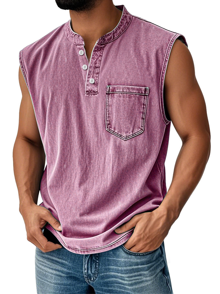 🔥Men's Vintage Stand Collar Casual Pocket Solid Color Sleeveless Henley Vest