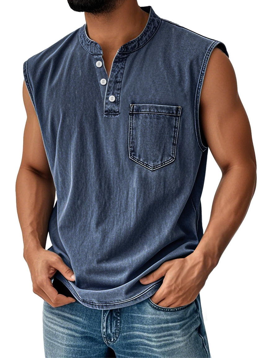 🔥Men's Vintage Stand Collar Casual Pocket Solid Color Sleeveless Henley Vest