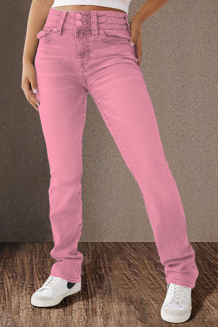 Double Button Mid Waist Straight Leg Jeans