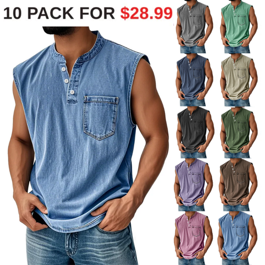 🔥Men's Vintage Stand Collar Casual Pocket Solid Color Sleeveless Henley Vest