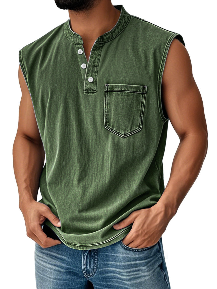 🔥Men's Vintage Stand Collar Casual Pocket Solid Color Sleeveless Henley Vest