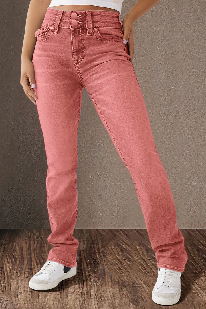 Double Button Mid Waist Straight Leg Jeans