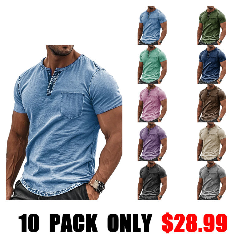Men's Fashion Retro Distressed Pocket Short-sleeved Henley Shirt