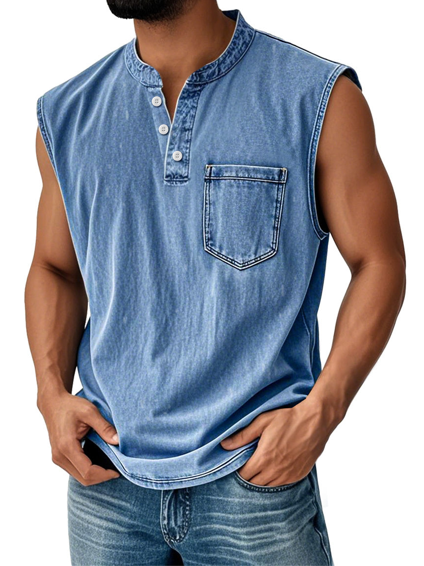 🔥Men's Vintage Stand Collar Casual Pocket Solid Color Sleeveless Henley Vest