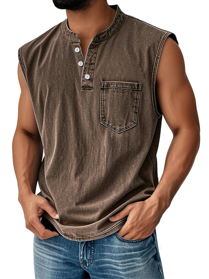 🔥Men's Vintage Stand Collar Casual Pocket Solid Color Sleeveless Henley Vest