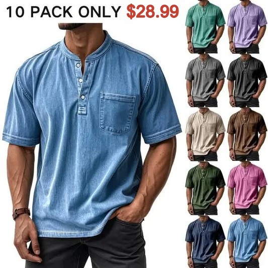Men's Casual Solid Color Vintage Loose Pocket Short Sleeve Button-down Henley Shirt