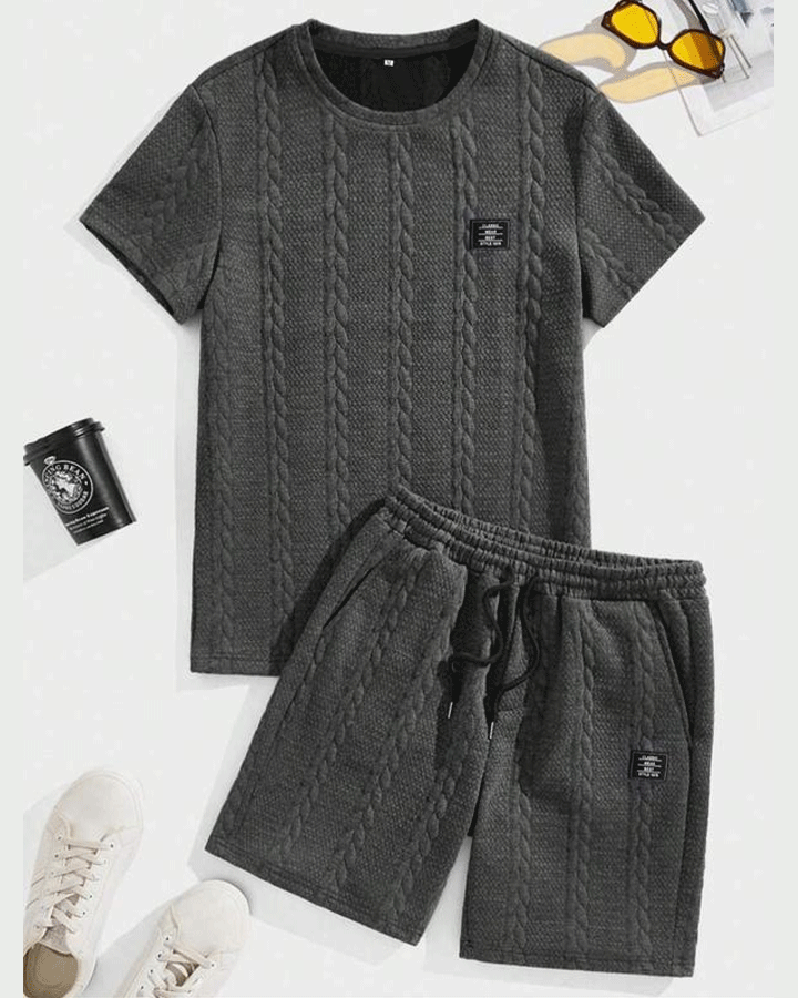 Men's Solid Textured Patched Tee & Drawstring Waist Shorts Set