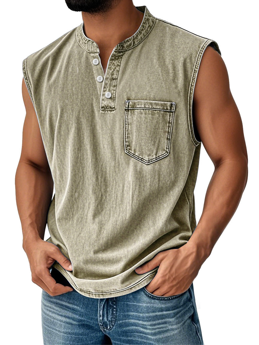 🔥Men's Vintage Stand Collar Casual Pocket Solid Color Sleeveless Henley Vest
