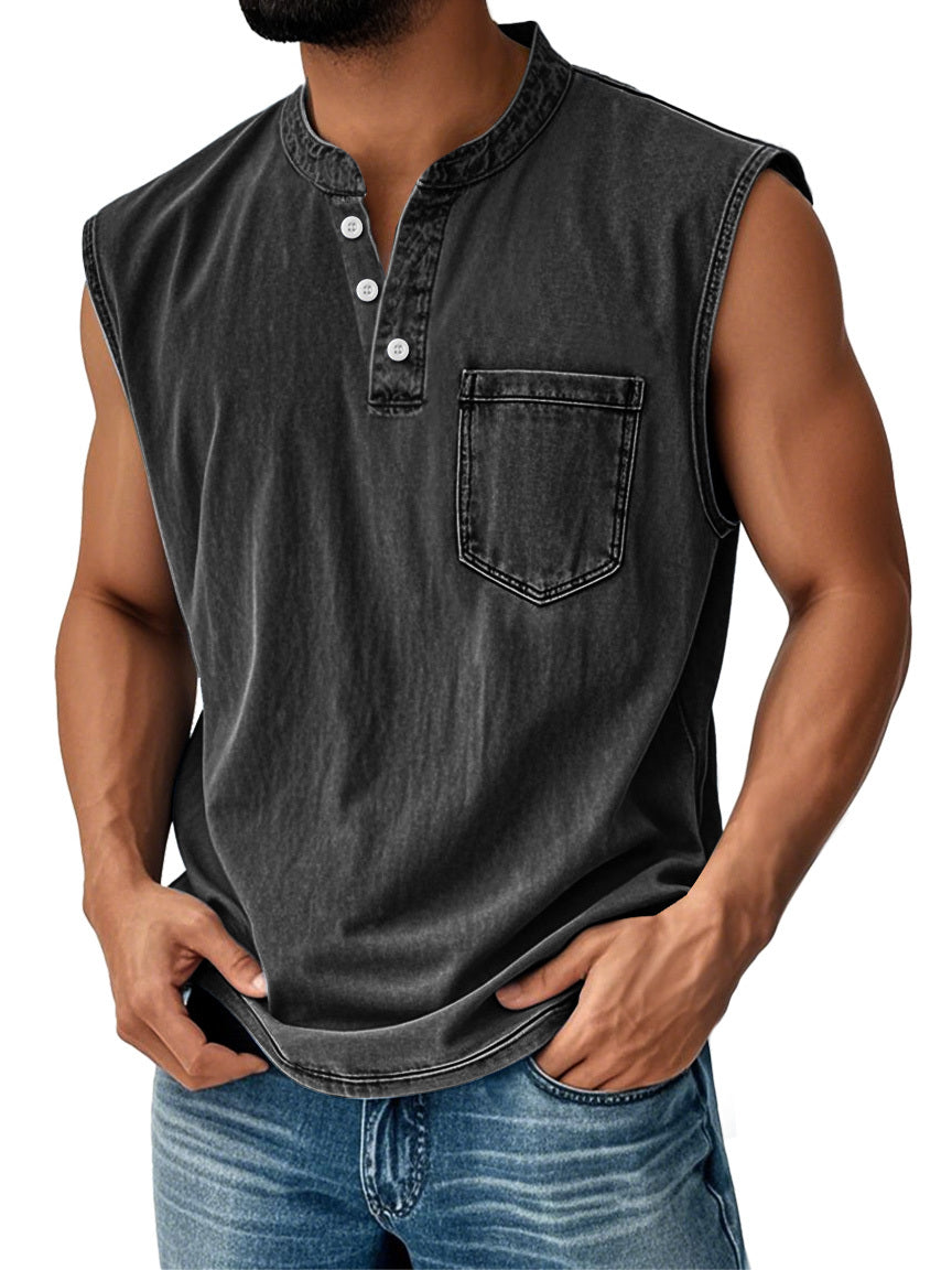 🔥Men's Vintage Stand Collar Casual Pocket Solid Color Sleeveless Henley Vest