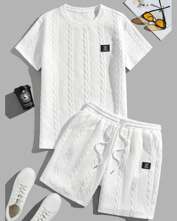 Men's Solid Textured Patched Tee & Drawstring Waist Shorts Set