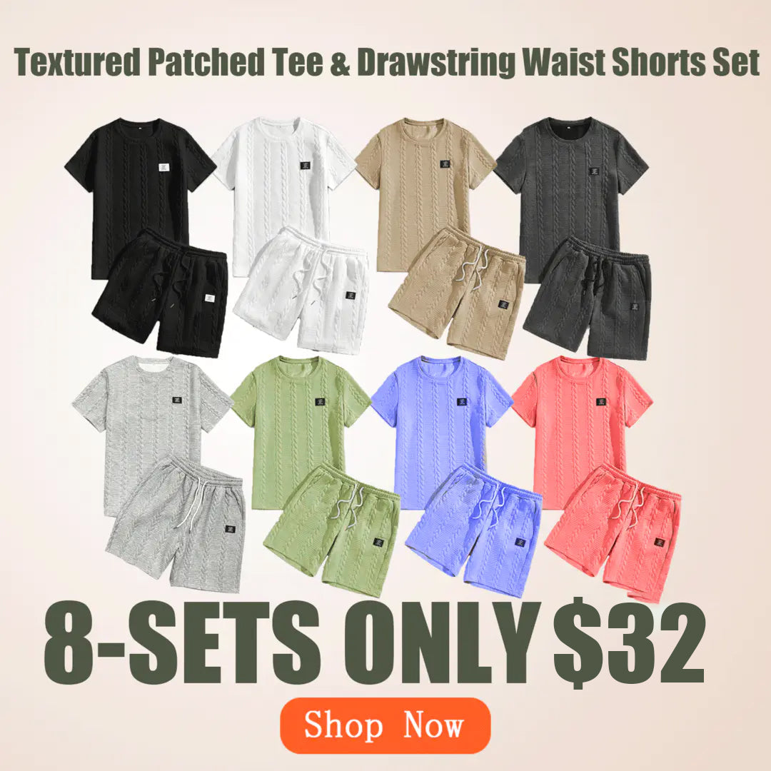 Men's Solid Textured Patched Tee & Drawstring Waist Shorts Set