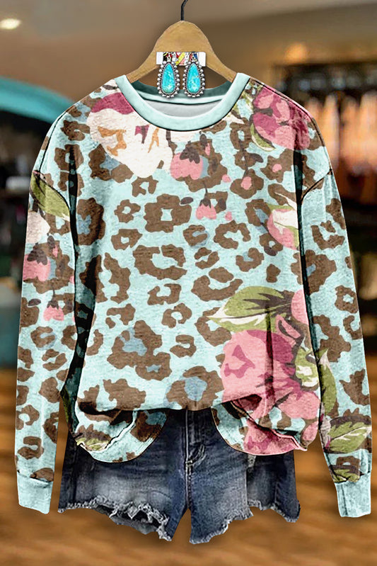 Blue Pink Leopard Print Sweatshirt