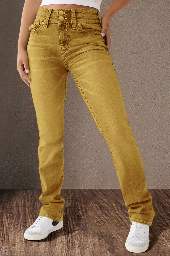 Double Button Mid Waist Straight Leg Jeans