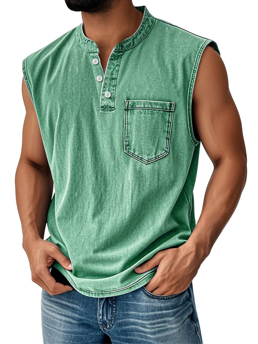 🔥Men's Vintage Stand Collar Casual Pocket Solid Color Sleeveless Henley Vest