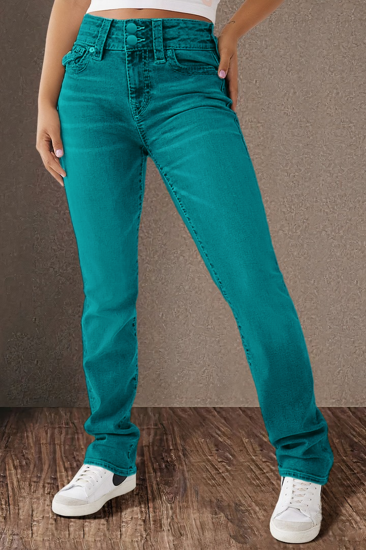 Double Button Mid Waist Straight Leg Jeans