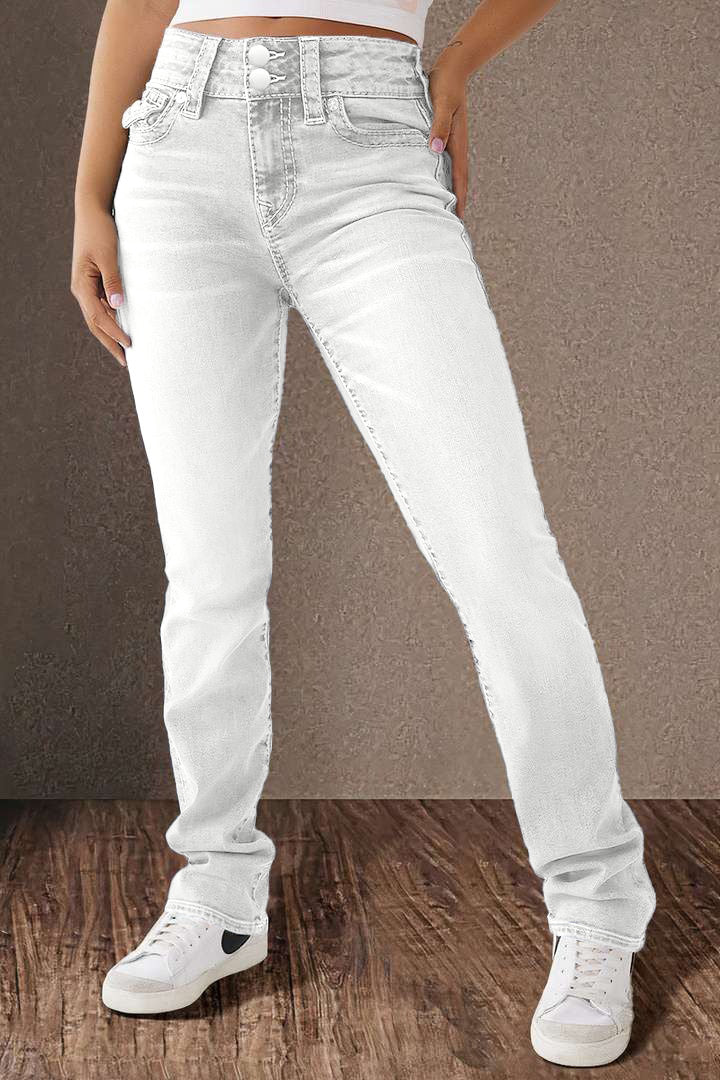 Double Button Mid Waist Straight Leg Jeans